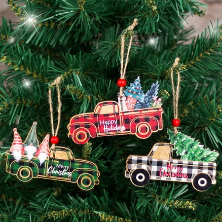 

YZdevelop Wooden Christmas Pendant Color Drawing Anti-fade Ornament Lanyard Sturdy Scene Layout Fine Workmanship Merry Xmas Santa Claus Red Plaid Pickup Truck Pendant for Party
