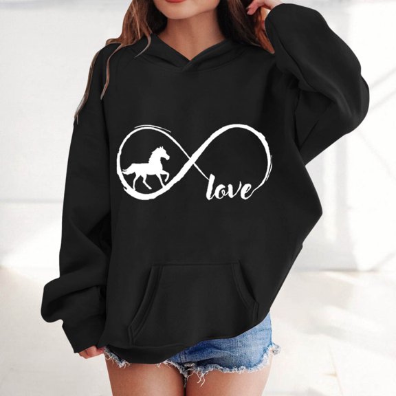 Girls' Fashion Hoodies Oversized Graphic Print Hooded Long Sleeve Pullover Top with Pocket Casual Sweatshirts for Girls Black 4 Years-5 Years