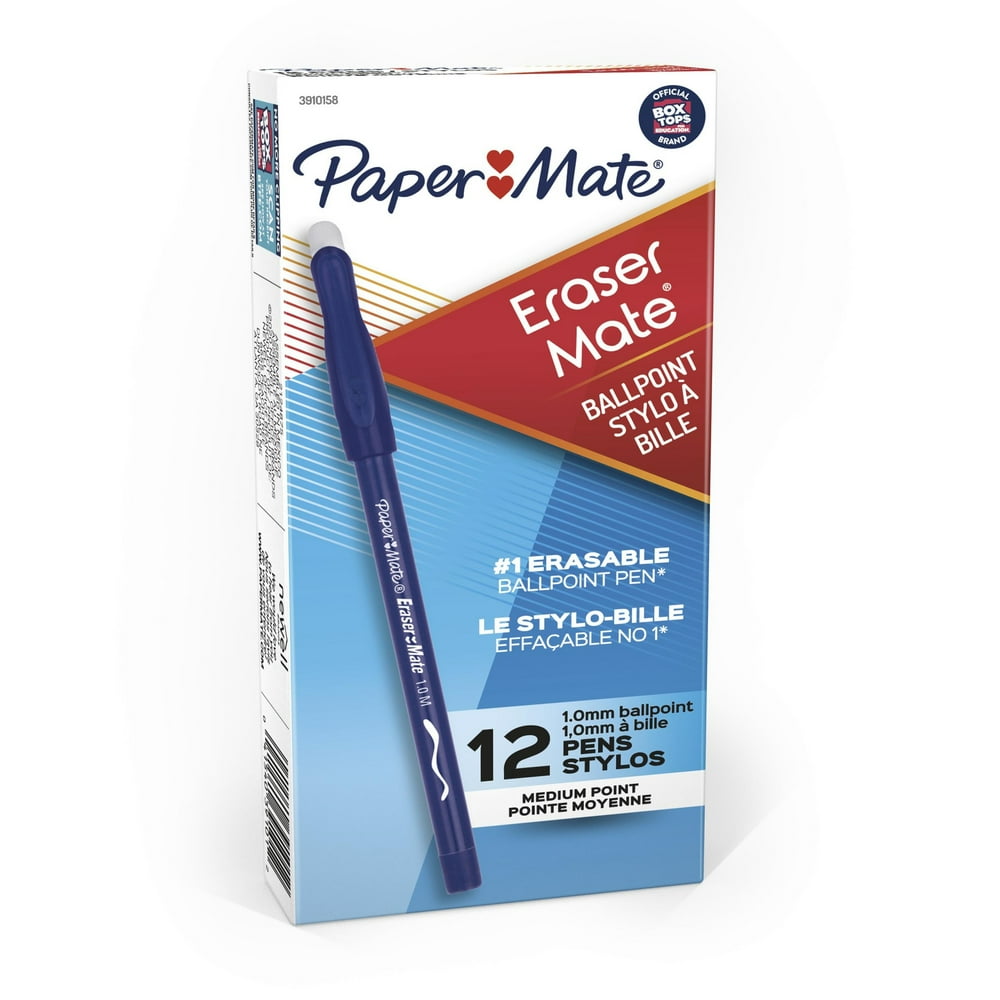 Paper Mate EraserMate Erasable Pen, Medium Point, Blue, 12 Count