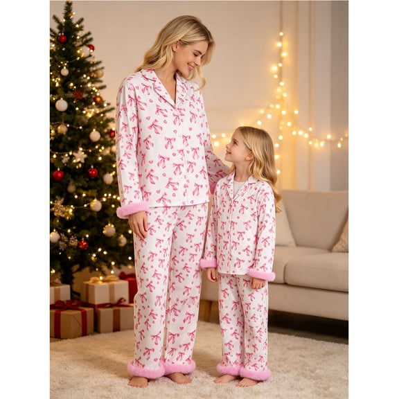 AIGUR Mommy and Me Matching Pajamas Bow Print Feather Long Sleeve Lapel Tops and Pants Set Family Sleepwear