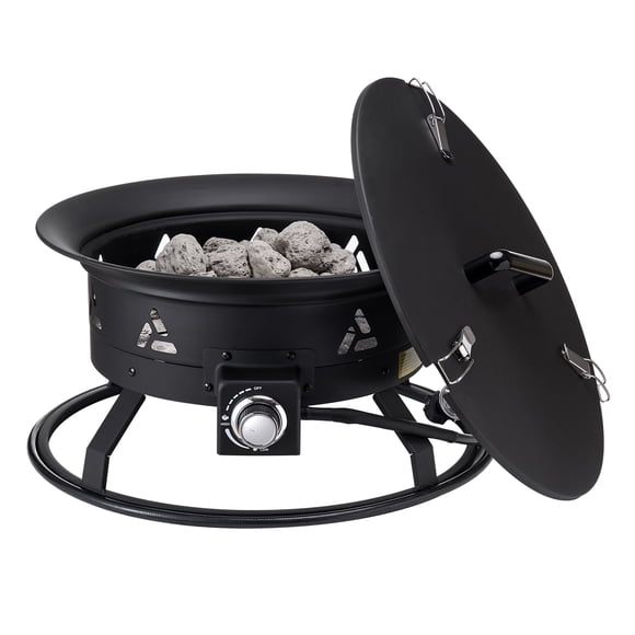 KFFKFF Gas Fire Pit, 24-Inch Round Outdoor Portable Propane Fire Pit with Protective Cover & Lava Stones, Modifiable Flame Intensity, Ideal for Warming, Illumination, Social Events, 58,000 BTU, Black