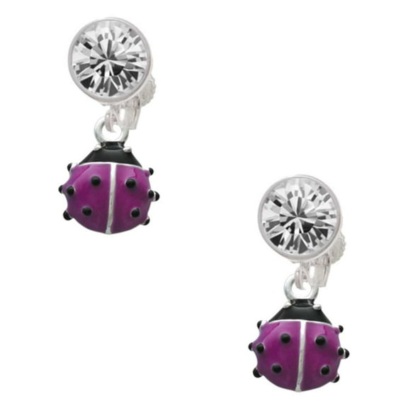 Silvertone Mini Hot Purple Ladybug Clear Crystal Clip On Earrings