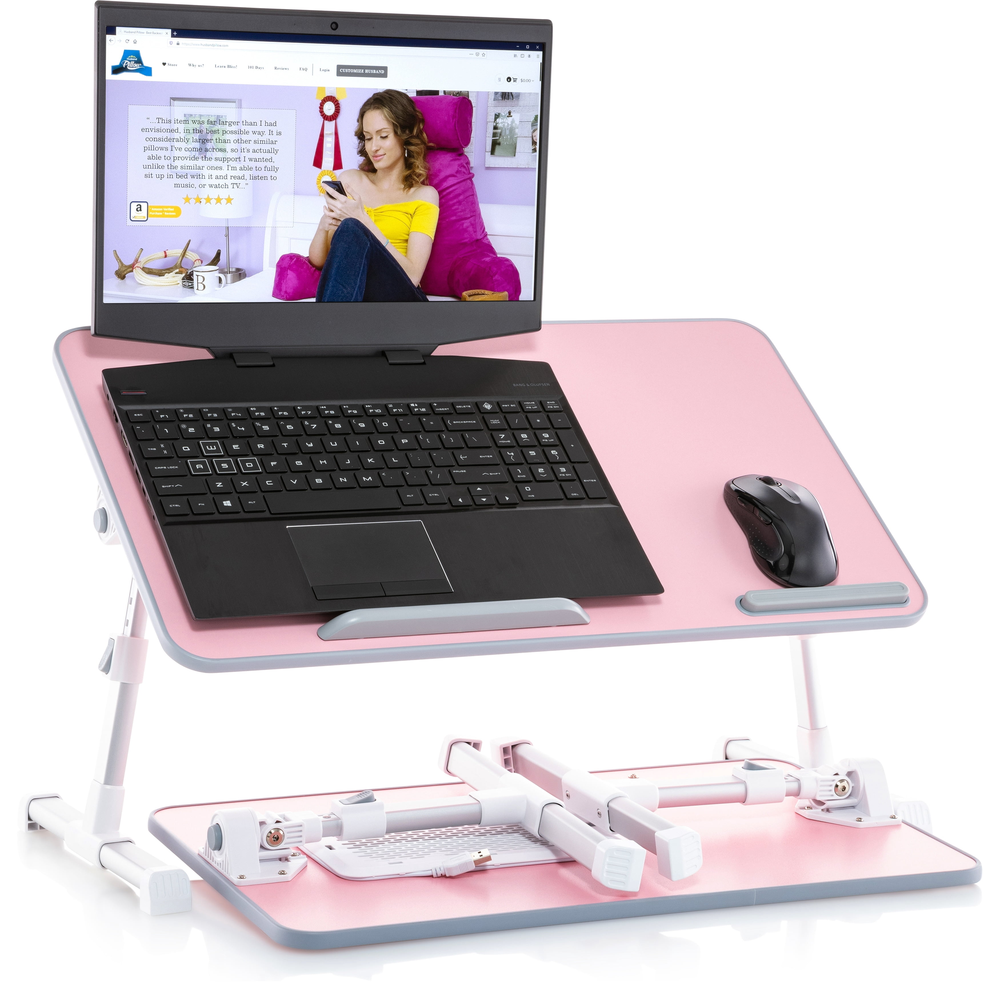 Husband Pillow - Lap Desk Brown Wood Small Top - Fits Up to 17" Laptop - with Dual Cushion, Wrist Rest & Built-in Mouse Pad, Portable Laptop Stand for Bed, Multifunctional Slot for Tablet, Pen & Phone