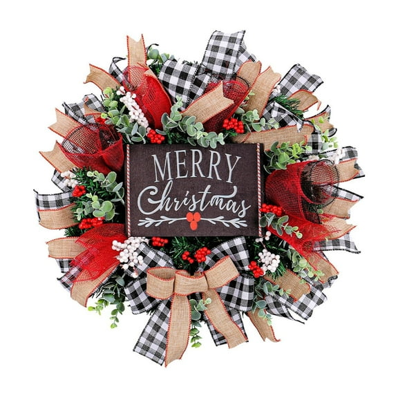 17.71 Inch Christmas Wreath for Front Door, Xmas Home Wall Windows Outdoor, Farmhouse Xmas Wreath Decorated with Artificial Flowers and Colorful Bow Ornaments
