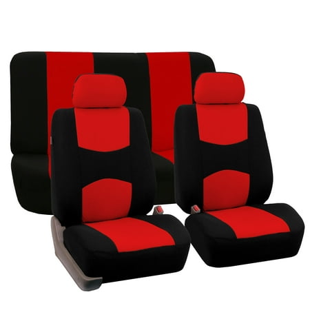 FH Group Universal Flat Cloth Fabric Car Seat Cover, 2 Headrests Full Set, Red and Black