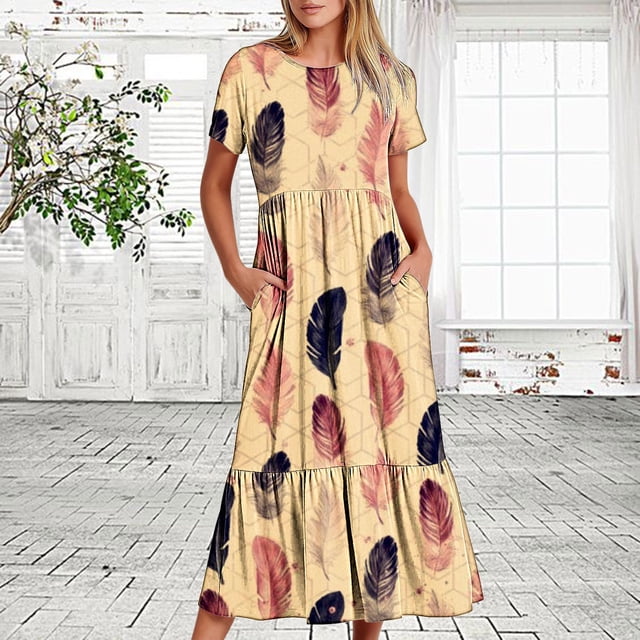Robe d'Été pour Femmes 2024 Mode Grande Taille Décontractée Manches Courtes Col Rond Robe Fluide à Étages Maxi Robe de Plage avec Poches Imprimé Plumes 50 % de Réduction!