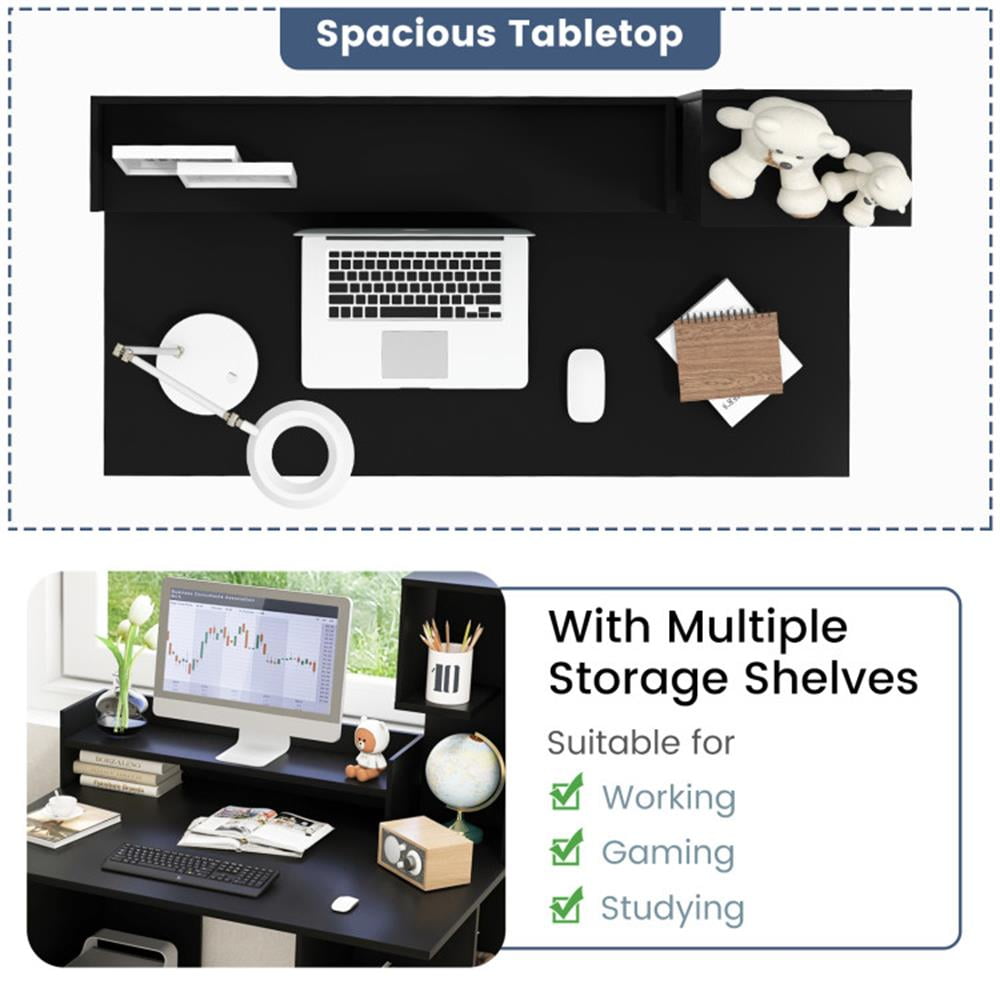 Demi Bonn Modern Computer Desk with Storage Bookshelf and Hutch for Home Office Desk Study Writing Table, Black