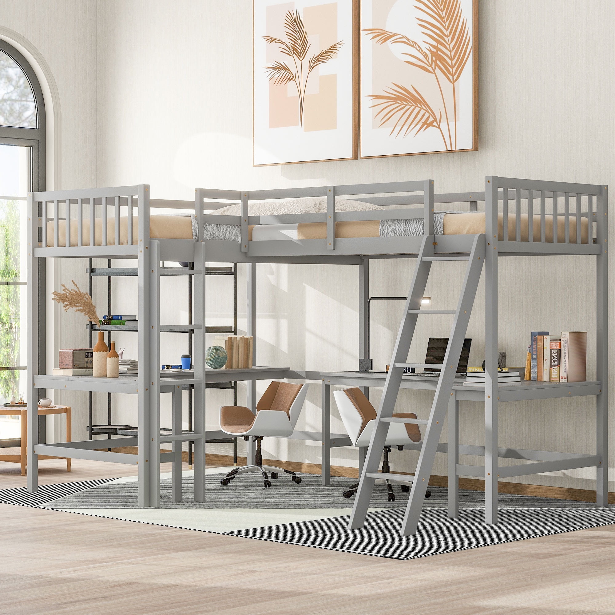 MAYEERTY Wood Twin Size L-Shaped Loft Bed with Ladder and 2 Built-in L-Shaped Desks, Gray