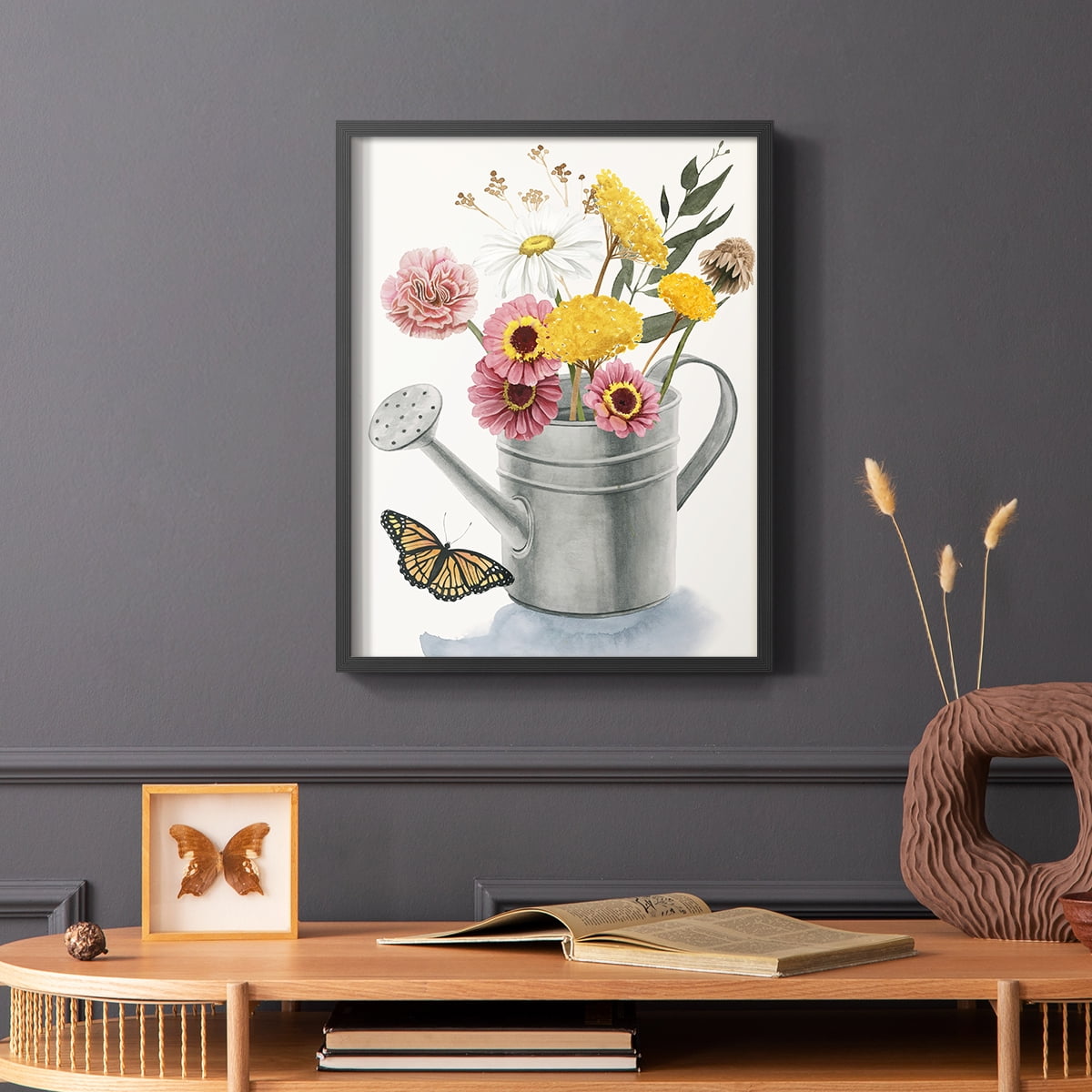 Watering Can Bouquet I Framed Print in Black Solid Wood 11 x 14 Framed Print