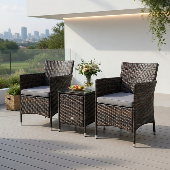 Resenkos 3-Piece Outdoor Rattan Patio Furniture Set – Gray PE Wicker Chairs with Cushions Tempered Glass Coffee Table for Backyard, Patio & Poolside