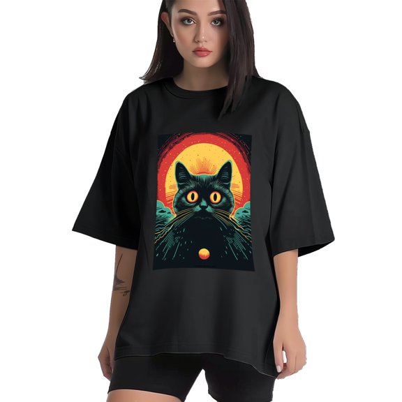 Plus Size Shirt for Women Black Tops for Women Short Sleeves Shirt for Women Retro Black Cat T Shirt Crewneck Shirt for Women XS