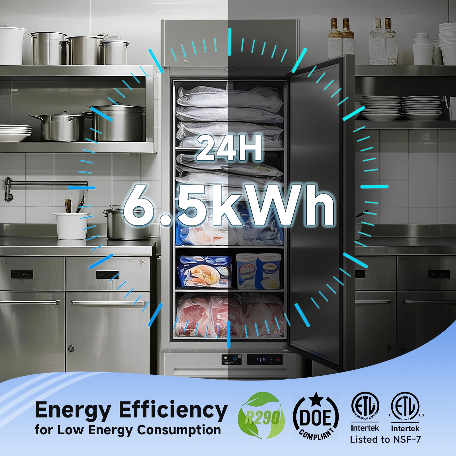 VEECOOL 27" WiFi Enabled Commercial Freezer Upright with App Control, 23 cu.ft. Stainless Steel Single Door Reach-in Freezer with 4 Shelves, Right Hinged Door, Auto Defrost, ETL&ETL Sanitation