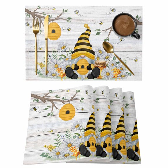 Yellow Gnomes Placemats Set of 6, Spring Floral Bees Daisy Branches Wooden Placemats for Dining Table, Place Mats for Kitchen Tabletop, Waterproof Wipeable Dining Table Mats Set