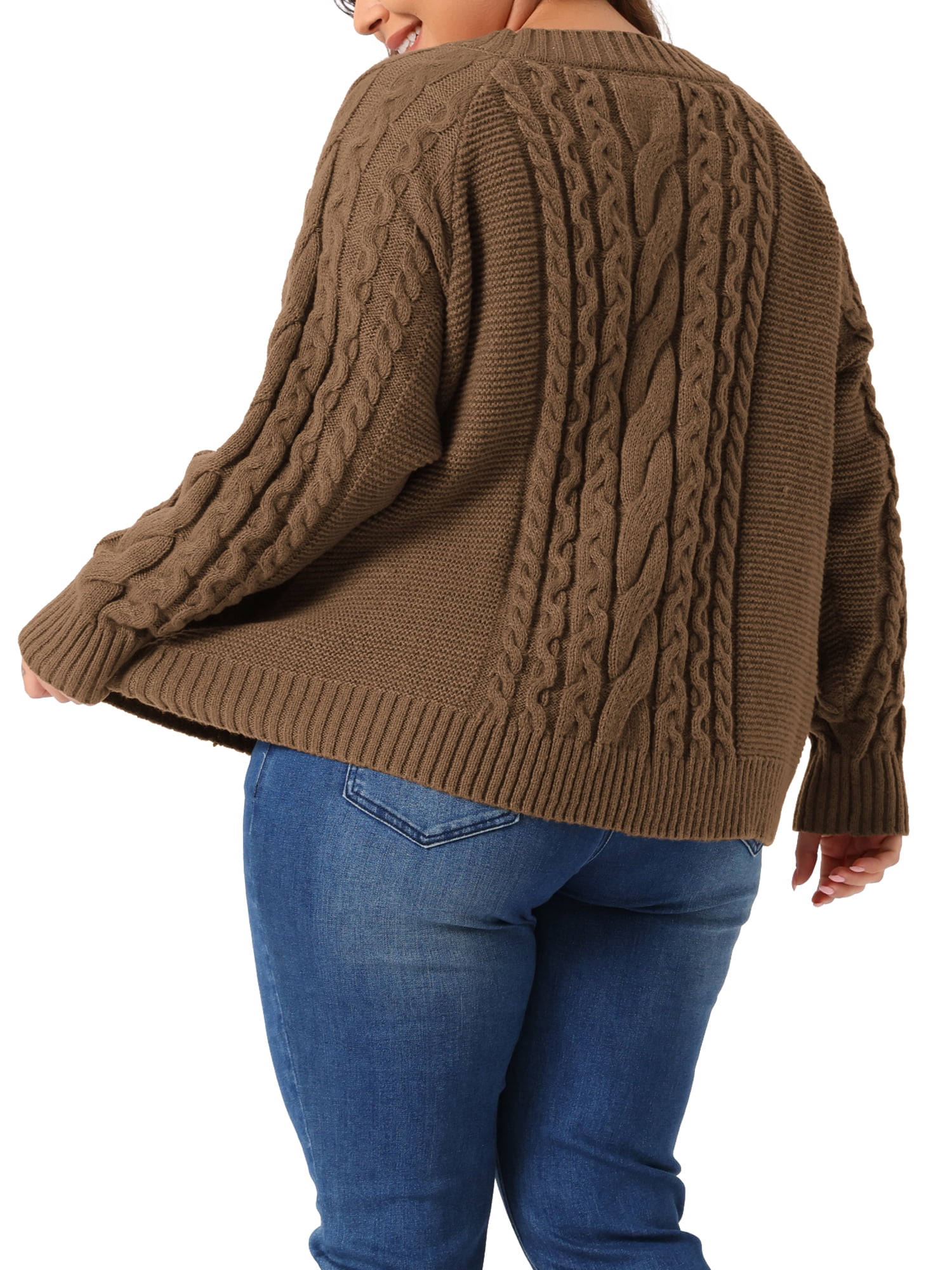 DARING DIVA Plus Size Long Sleeve Crewneck Fisherman Cable Pullover Sweater 4X Brown