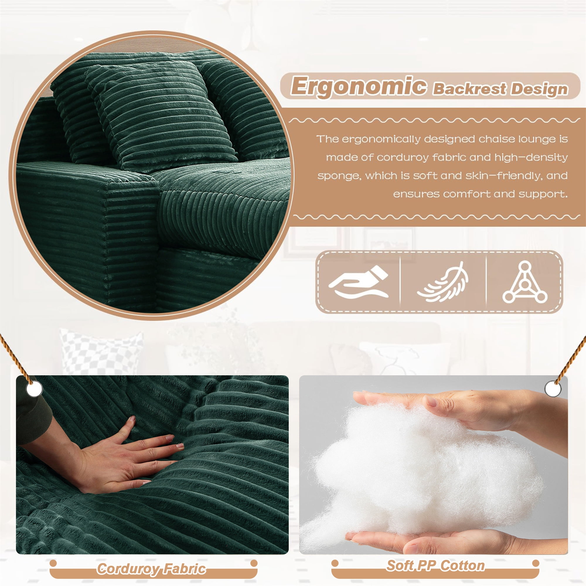 Aukfa 49" Chaise Lounge Oversized Corduroy Sofa Plush Chair Bed w/ 3 Pillows for Living Room, Green