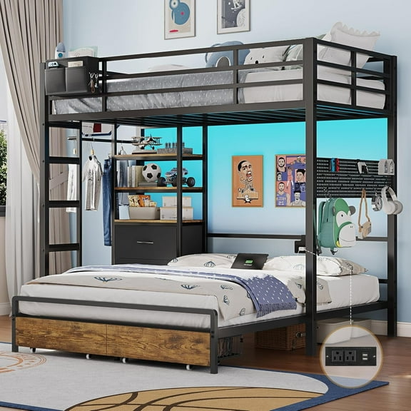 Metal Bunk Bed Twin Over Full Size with LED Lights and Charging Station, Twin Size Loft Bed with 4 Storage Drawers and 3-Tier Open Bookshelf, Modern Bunk Beds with Pegboard and Ladder, Black