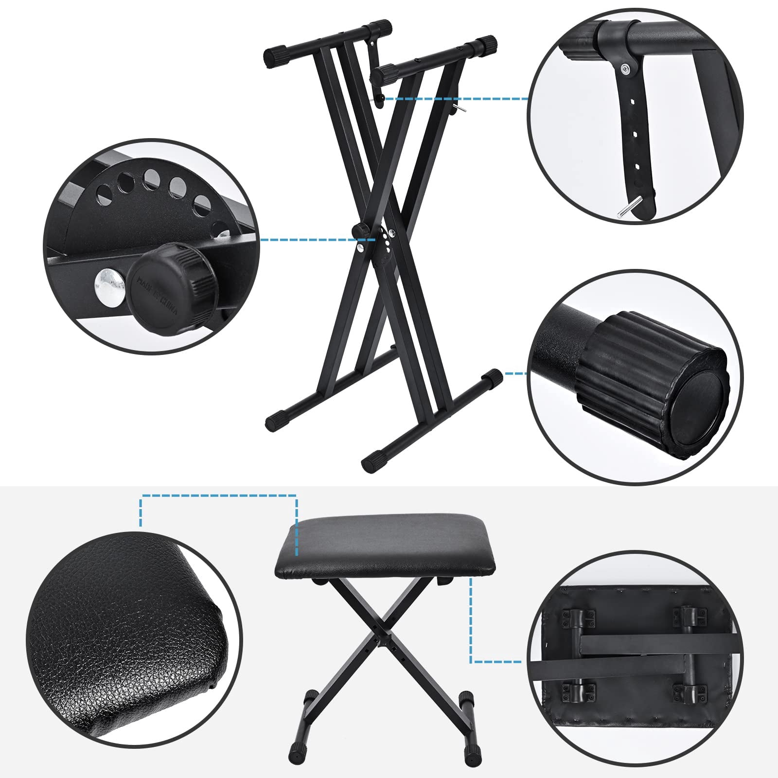 Keyboard Stand & Bench Set  Upgrade Heavy Duty Double-x Adjustable Portable Digital Piano With Locking Straps