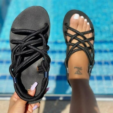 

〖Yilirongyumm〗 Black 39 Sandals Women Fashion Sandals Strap Foot Color Solid Women s Casual Cross Beach Platform Set Women s Sandals