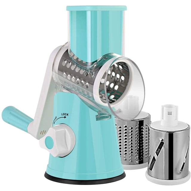 Broyeur à Fromage à Râpe à Tambour Manuel avec 3 Inserts de Tambour en Acier Inoxydable (Bleu)
