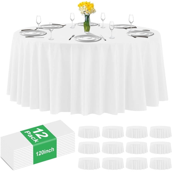 12 Pack Premium White Plastic Table Cloth -120 Inch Round Tablecloth, Disposable Tablecloth Plastic Table Cover for Parties (12,White,120" Round)