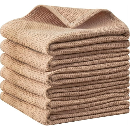 

100% Cotton Absorbent Kitchen Dish Towels Set Waffle Weave Kitchen Hand Towels Ultra Soft Dish Towels Dish Cloths Quick Drying Dish Rags Brown- 17 x 25 Inches 6 Pack