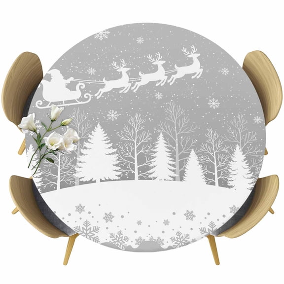 Grey Christmas Round Tablecloth, Fitted Table Cover with Elastic for 55"-60" Round Tables, Xmas Elk Tree Snowflake Forest Table Cloth Outdoor Indoor Dinning Party Waterproof Tablecloths