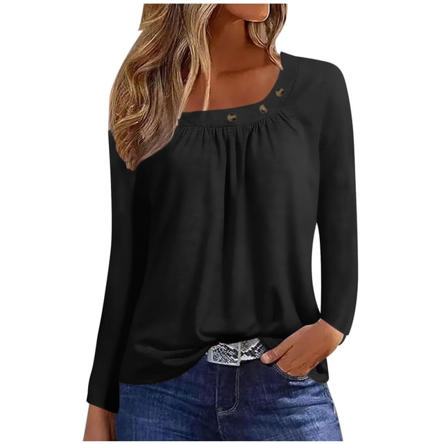 AherBiu Hauts pour Femmes Tendance Automne Manches Longues Blouses Décontractées Col Carré Chemises Amples Ajustées