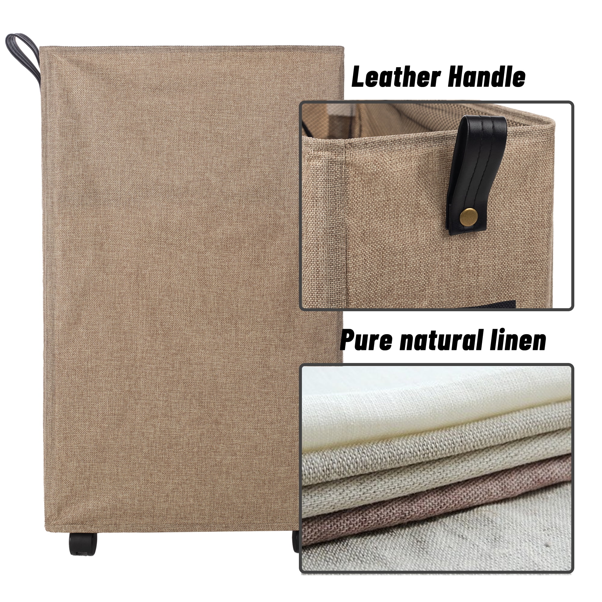 Caroeas X-Large Slim Laundry Baskets 27" Tall with Leather Handle, Laundry Basket on Wheels , Collapsible Laundry Hamper, Rolling Hamper Dorm Baskets (Khaki Linen)