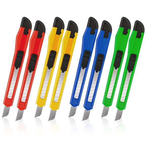 8 Pack Utility Knife, Compact Box Cutters, Retractable Box Cutter, Utility Knives for Office, Craft, Razor Knife, Paper Knife, Disposable Box Opener (9mm Wide Blade Cutter 4 Colors)