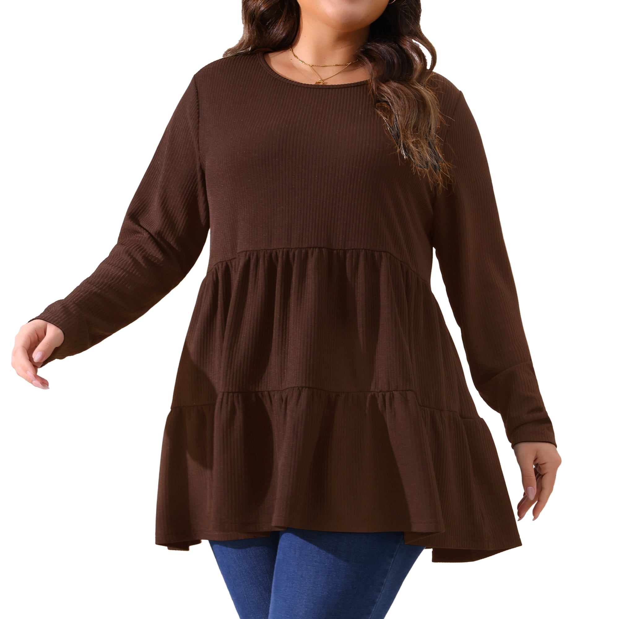 DARING DIVA Women's Plus Babydoll Crew Neck Casual Loose Peplum Tops 2X Brown