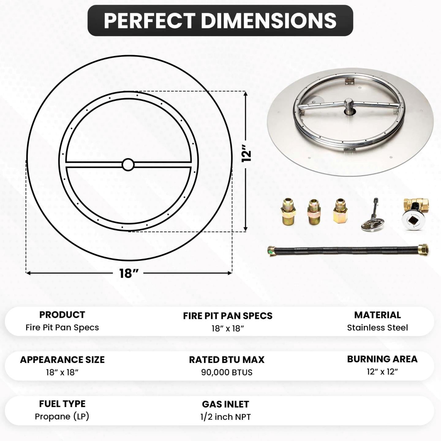 Dreffco Outdoor Fire Pit Stainless Steel Burner 18 Inch Round 90,000 BTU Natural Gas Connection Kit