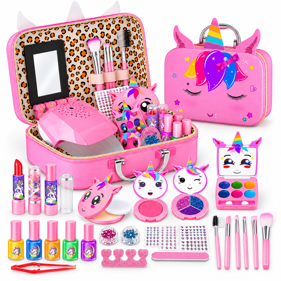 LXUNLN Kids Makeup Kit for Girls Ages 3-12,2-in-1 Unicorn Nail Salon Set & Girl Toy(Pink)