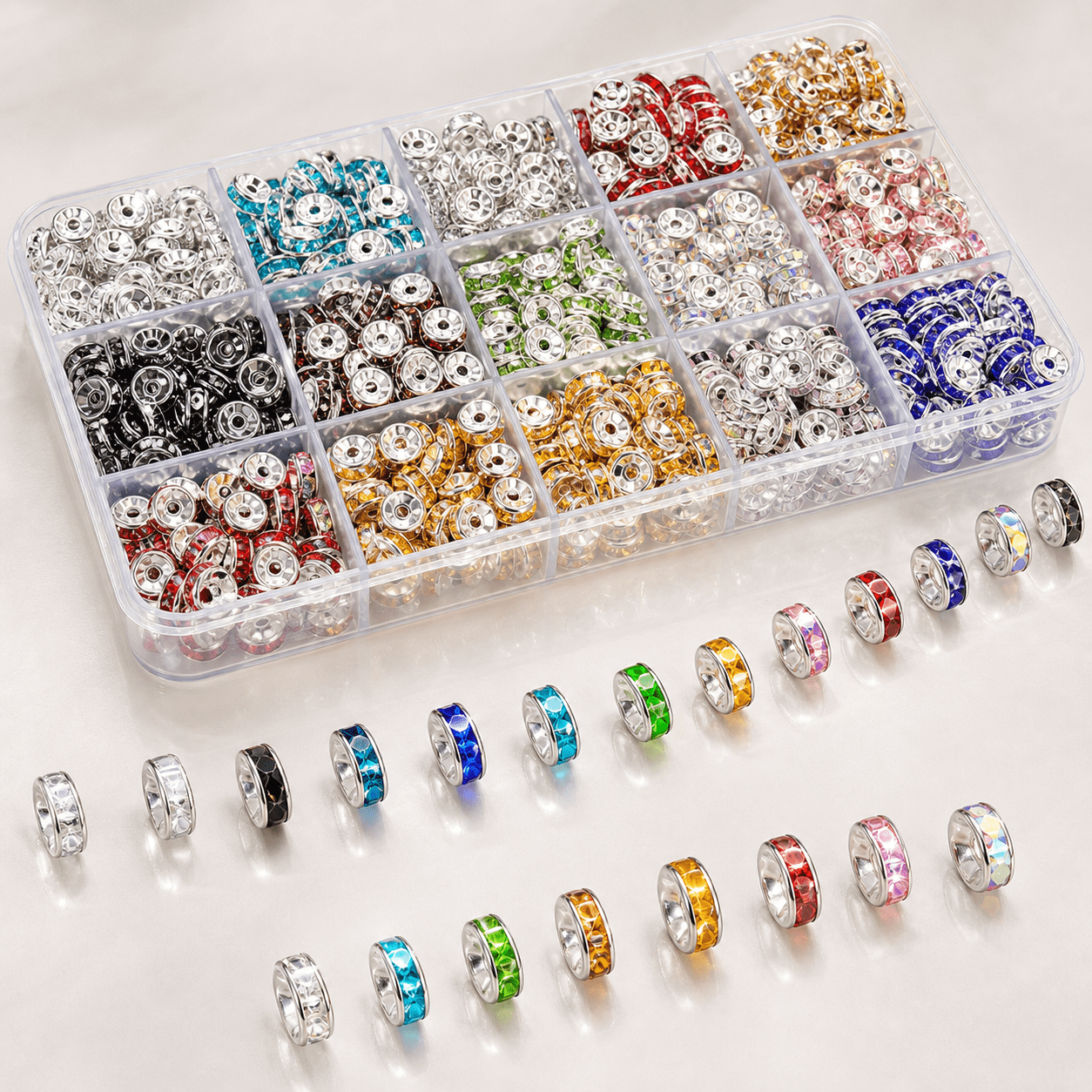 Bambang 8mm Rondelle Rhinestone Spacer Beads, 15 Colors 900 Pieces for Jewelry Making, Beaded Pens and DIY Crafts
