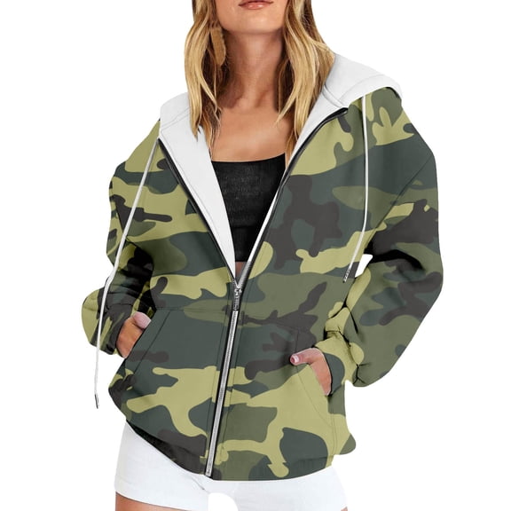 XIAOCHA Camouflage Print Zip Up Hoodie For Women Drawstring Pocket Outdoor Trekking Oversized Hooded Coat