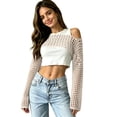 thumbnail image 5 of Lumtrix Crop Crochet Tops for Women Hollow Out Long Sleeve Bolero Shrug See Through Sweater Casual Bikini Beach Cover Up Beige XL, 5 of 6