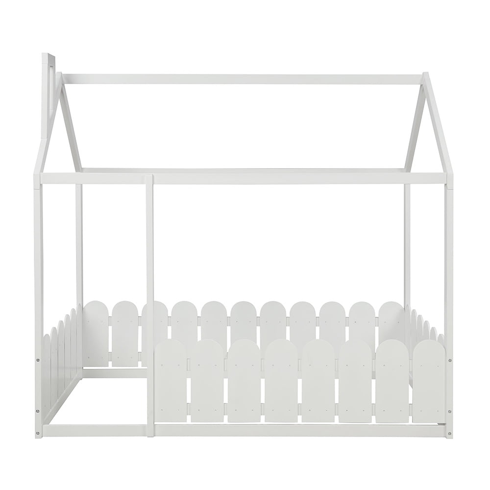 Hommoo Twin Size Wood Bed, House Bed Frame with Fence for Kids, Teens, Girls, Boys (White)