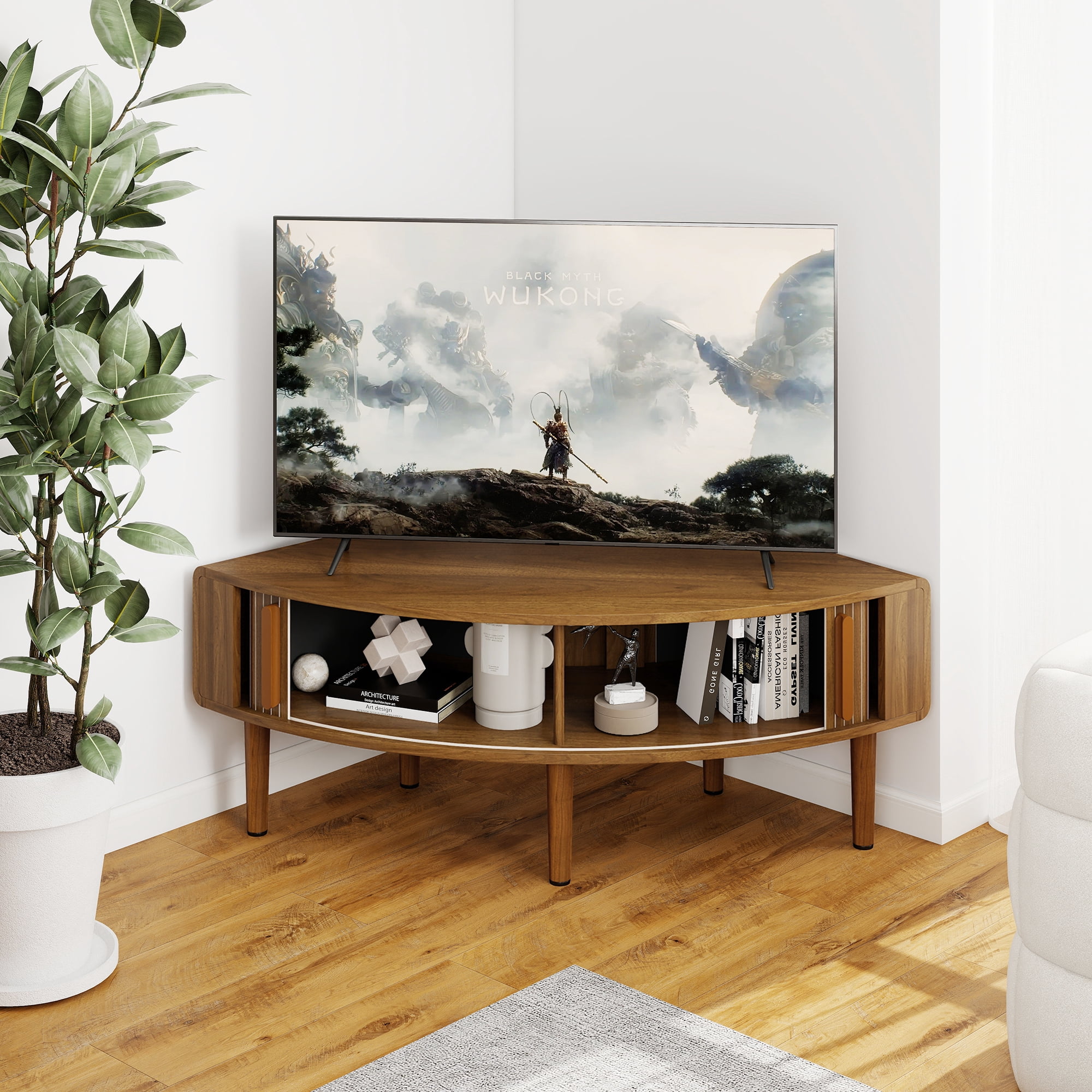 Corner TV Stand for 40 inch TV, Curved Corner Entertainment Center with Storage, Mid-Century Modern Media Console with Sliding Doors,for Living Room, Bedroom, Apartment, Walnut