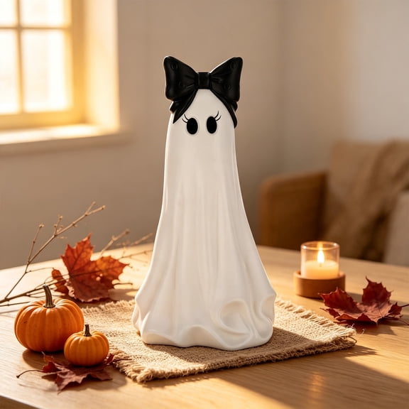 Halloween Decor - Halloween Ghost with Bow, Black and White, 20cm Resin Ghost Tabletop Decoration for Haunted House & Home Party