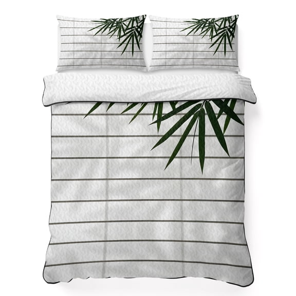 Quilts Twin Size Bedding Set, Japanese Style Lightweight Quilted Comforter, Minimalist Green Leaves Plants Brick Soft Reversible Bedspread Coverlet with Pillow Covers for All Season, 68" x 86"