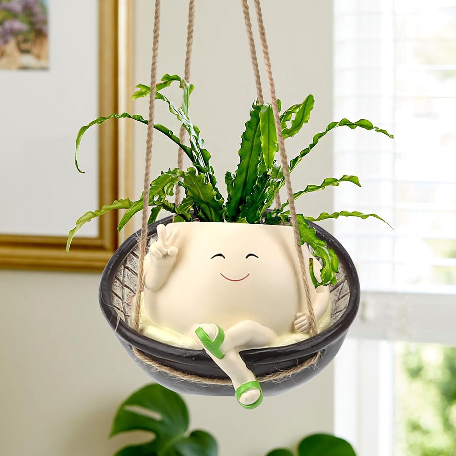 Senya Hanging Swing Chair Planter Pot Resin Smile Face Plant Pot for Indoor Outdoor Plants Cute Head Flower Pots, 5.51x2.55x4.33 Inches