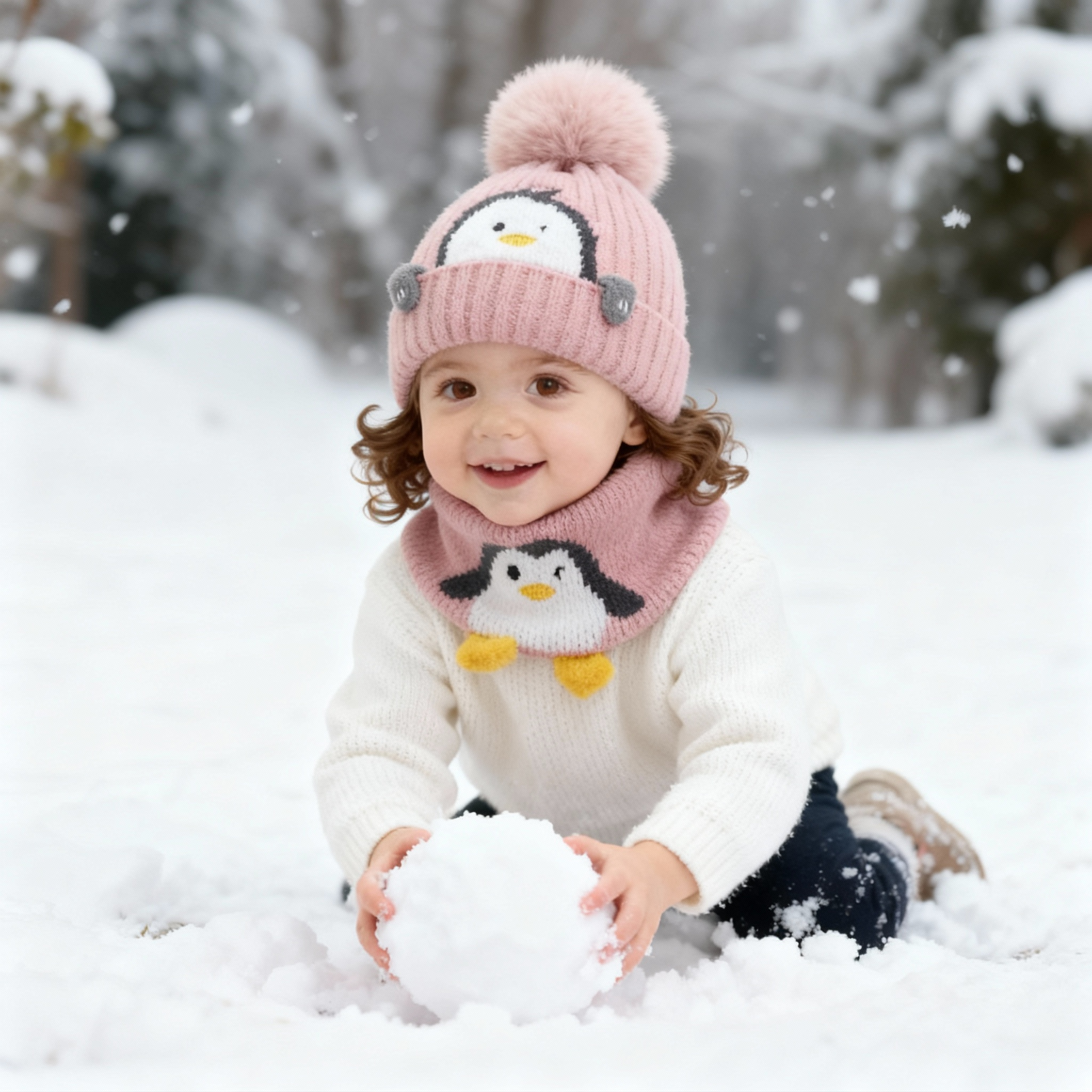 Baby Kids Winter Warm Hats, Infant Toddler Children Pom Pom Beanie Knit Cap Girls Boys-2 piece
