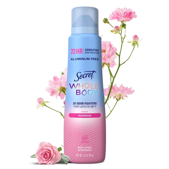 Secret Whole Body Deodorant Spray for Women, Rosewater Scent, Aluminum Free Deodorant, 72 HR Odor Protection, 3.5oz