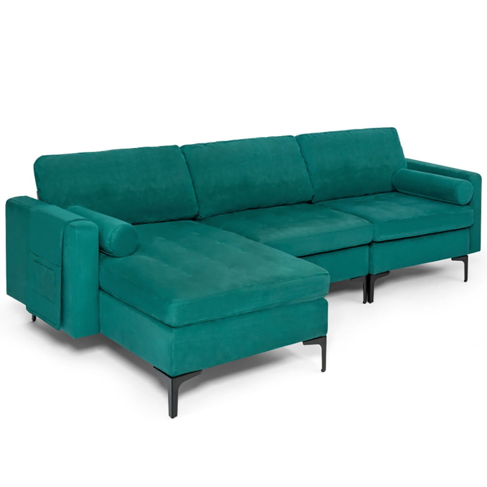 Finihen L-shaped Sectional Sofa Couch, Modular L-shaped 3-Seat Sectional Sofa with Reversible Chaise and 2 USB Ports, for Living Room, Teal