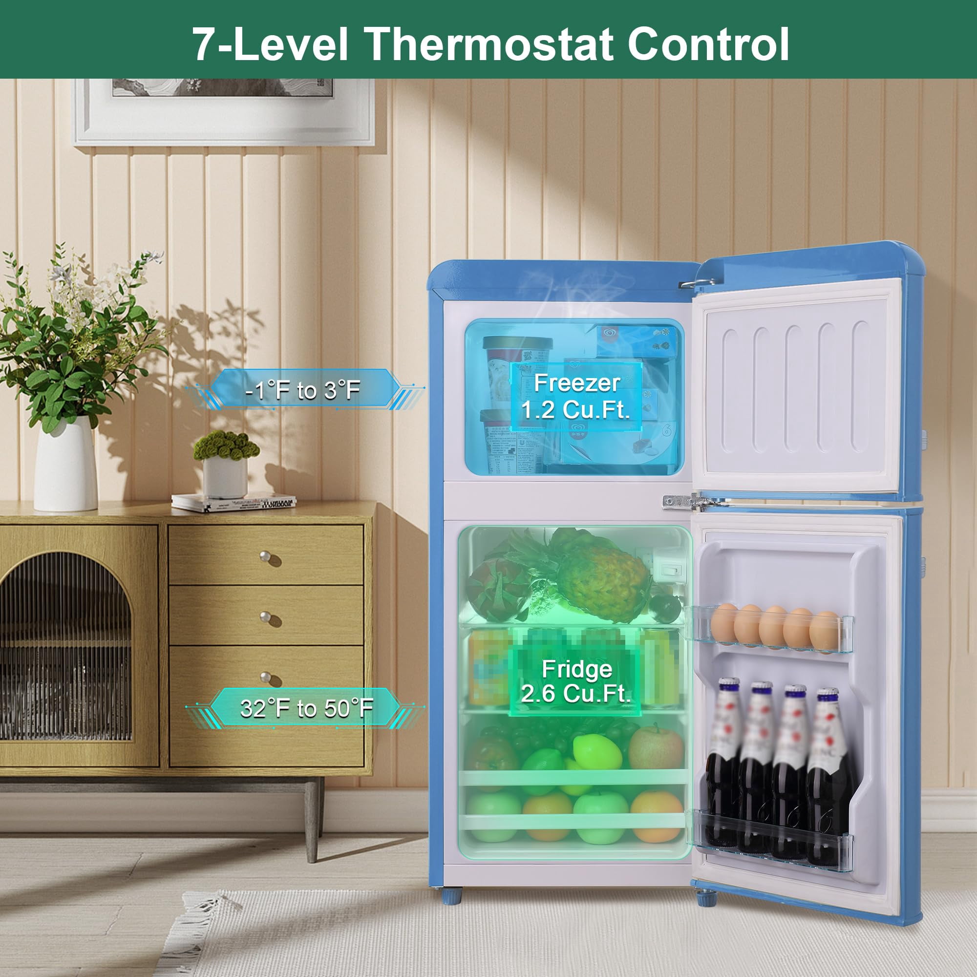 4.0 Cu.Ft Mini Fridge with Freezer, Retro Small Refrigerator with 7 Level Adjustable Thermostat, Compact Classic Dual Door Fridge Removable Glass Shelves for Apartments, Dorm, Office, Blue