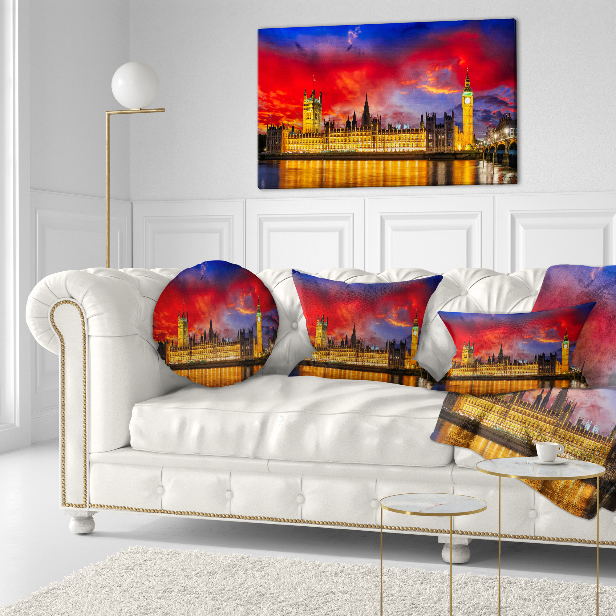 Designart House of Parliament at River Thames - Modern Cityscape Throw Pillow - 12x20