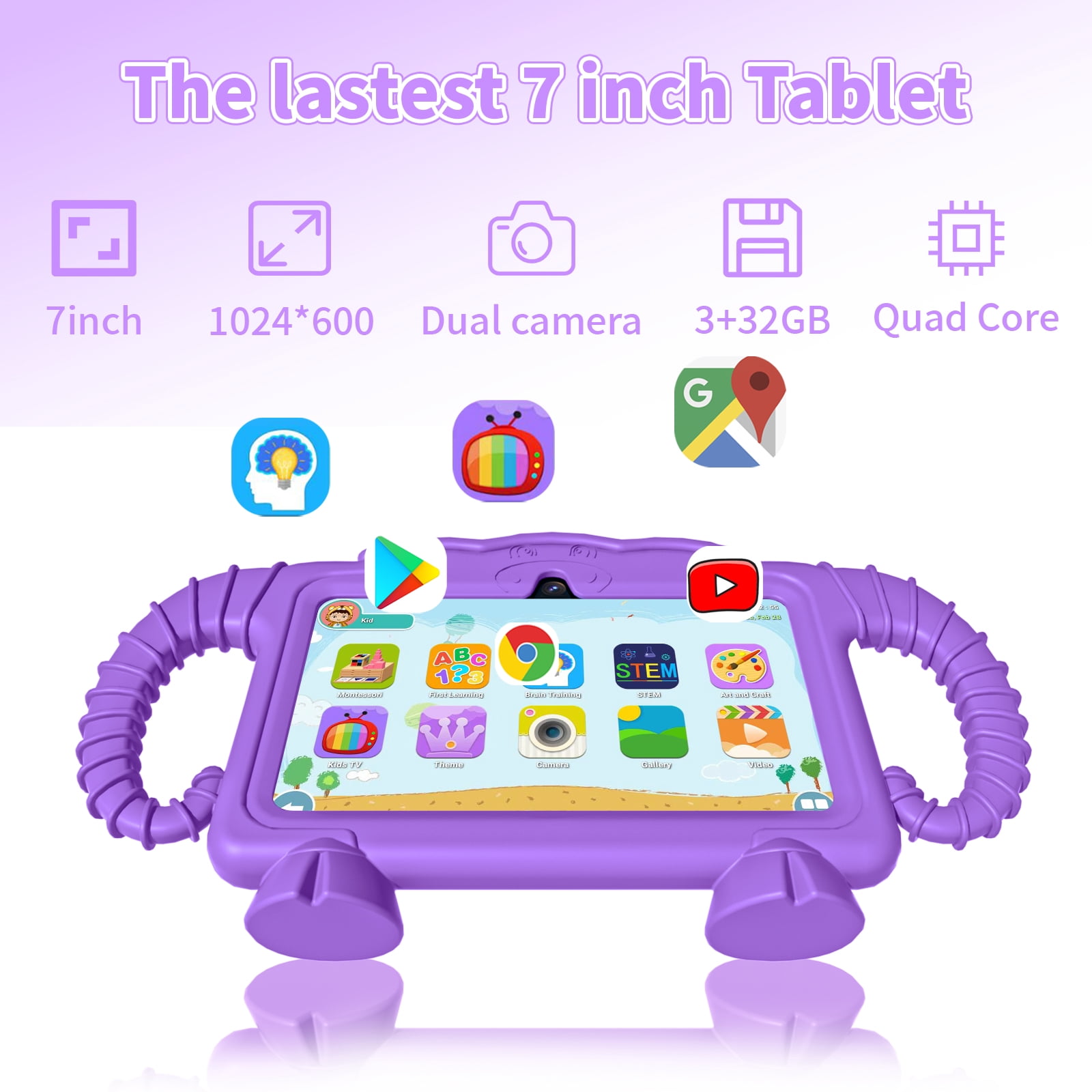 Kids Tablet, 7 inch Android Tablet for Kids, 6GB RAM 32GB ROM Quad-Core Toddler Tablet with Shockproof Case, Bluetooth, WiFi, Parental Control, 2MP+2MP Dual Camera, GPS, Games