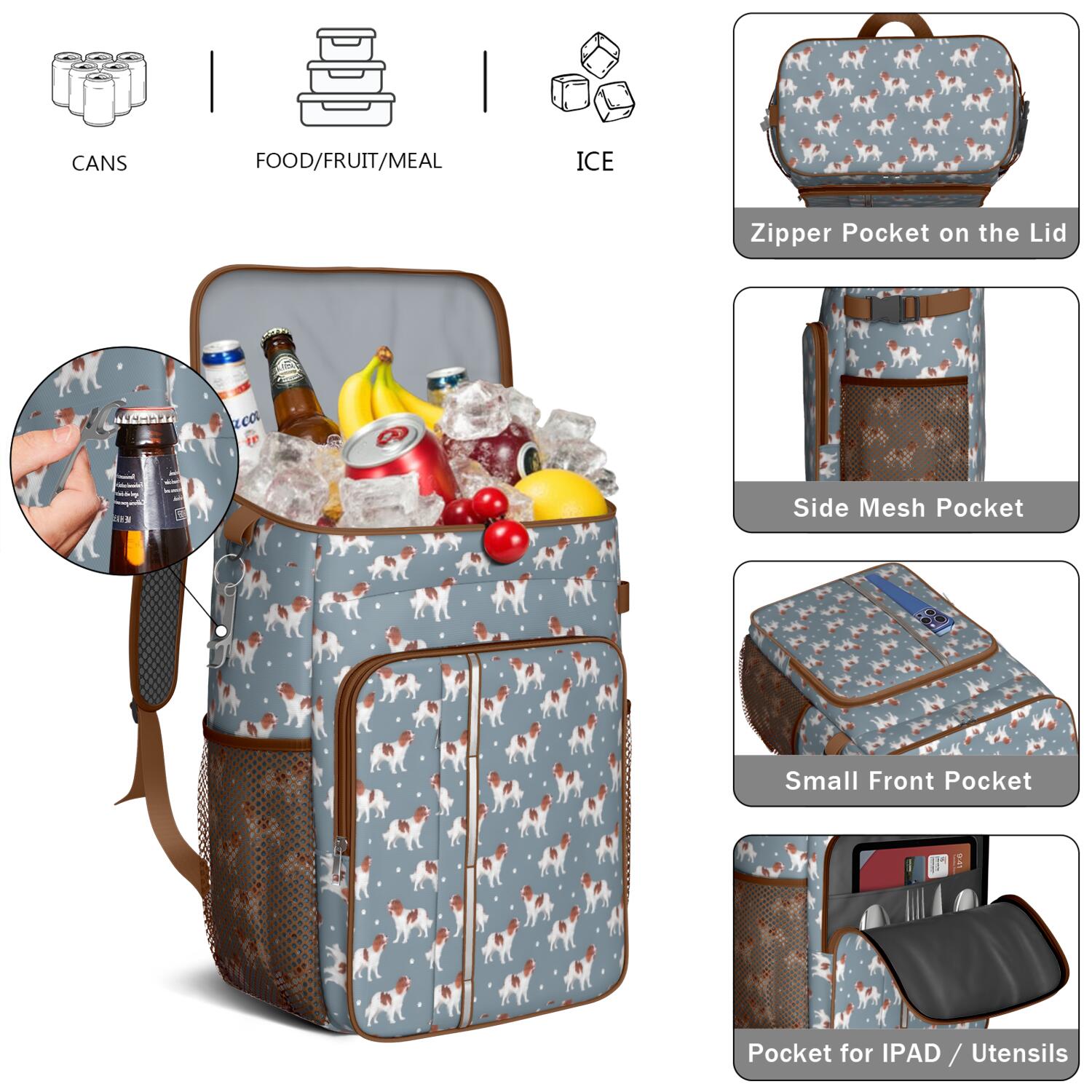 Travel Cooler Bag - King Charles Cavalier Camping Beer Cooler Backpack with Bottle Opener- Waterproof Insulated Picnic Backpacks - Cooler Bag for Beach