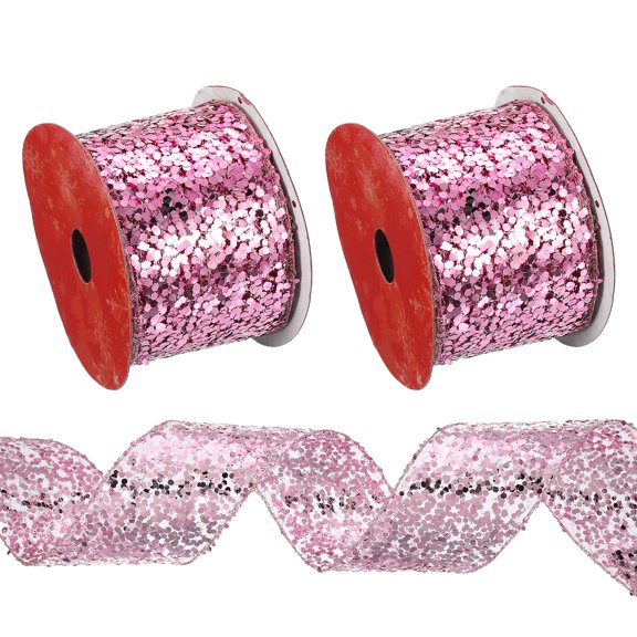 Uxcell Glitter Mesh Wired Ribbon for Bows Making Wedding Decor Gifts Crafts Pink