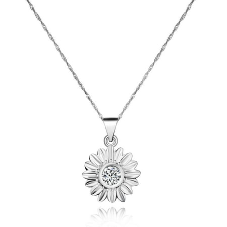 Platinum Plated Daisy Flower Necklace Charm Round Cubic Zirconia Sunflower Pendant Choker Necklaces for Women Girls Y900-Silver color