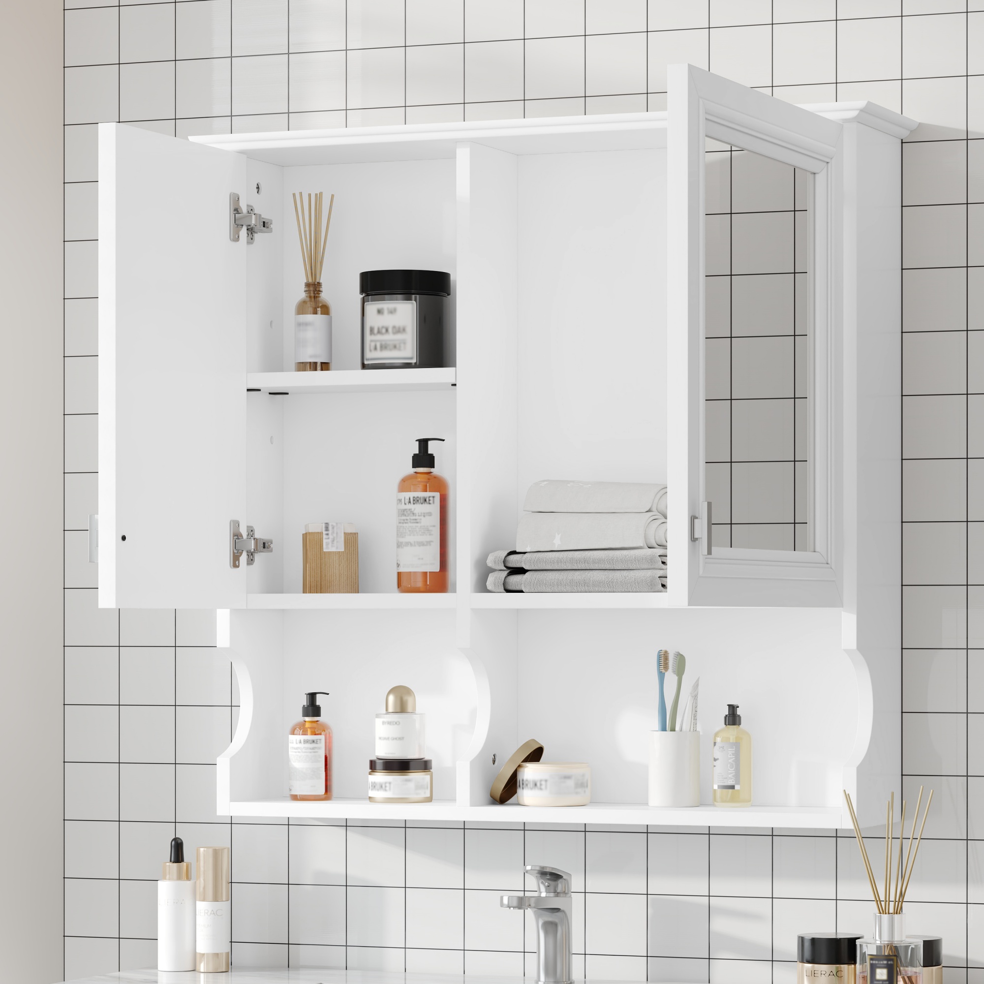 Euroco 30 Inch Mirror Medicine Cabinet with Open Shelves, Wall Mounted Home Storage with Doors & Mirror, Adjustable Shelf, Bathroom Storage Cabinet over Toilet